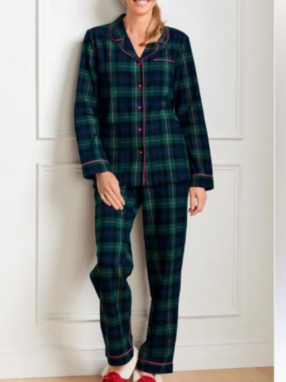 TALBOTS Green Navy Tartan Plaid Pajama Set with Pink Trim